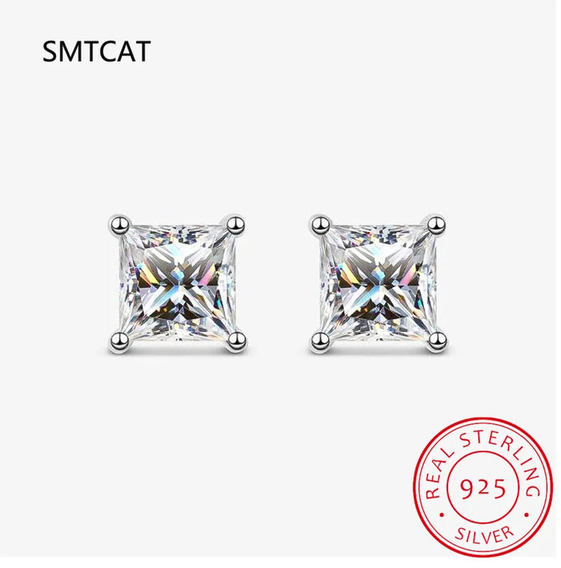 925 Silver 2CT Moissanite Stud Earrings Princess Cut D VVS1 Ear Studs