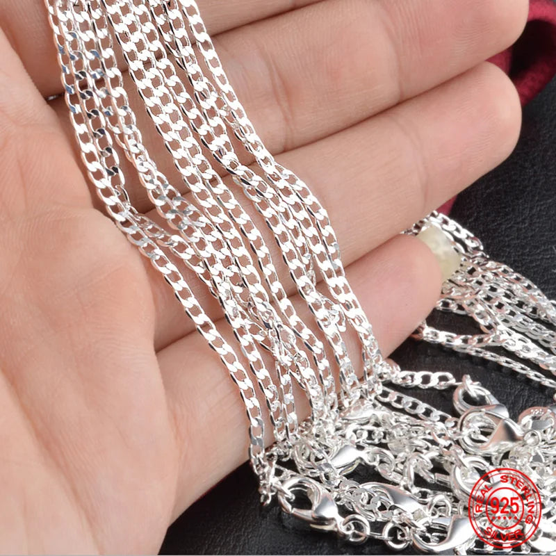 925 Silver 2MM Flat Necklace Chain Wedding Party Jewelry