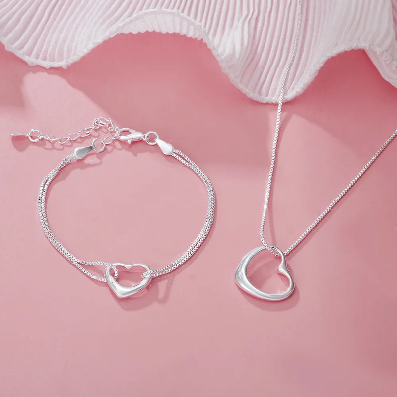 925 Sterling Silver Heart Bracelet Necklace Set for Women