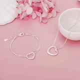 925 Sterling Silver Heart Bracelet Necklace Set for Women