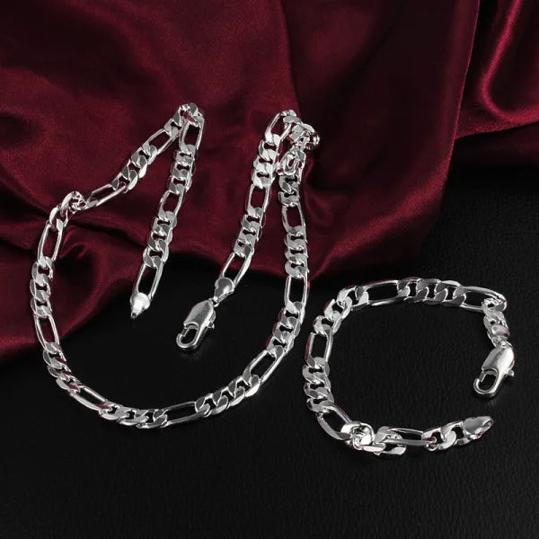 925 Silver 2pcs 8MM Chain Bracelet Necklace Set Man Woman Gift Jewelry