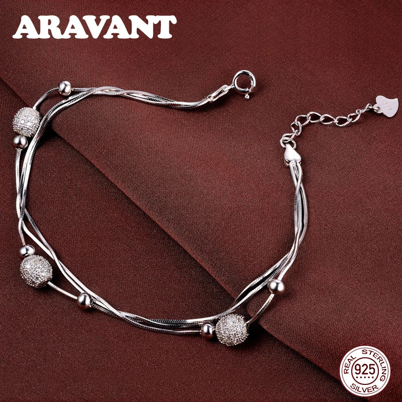 925 Silver 3-Layer Snake Chain Bracelet with Ball Charm
