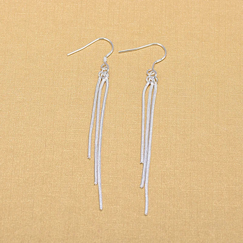 925 Silver Snake Chain Tassel Drop Earrings Women Jewelry