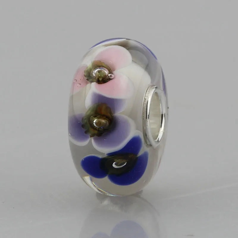 925 Silver 3D Flowers Glass Charm Bead for European Bracelet