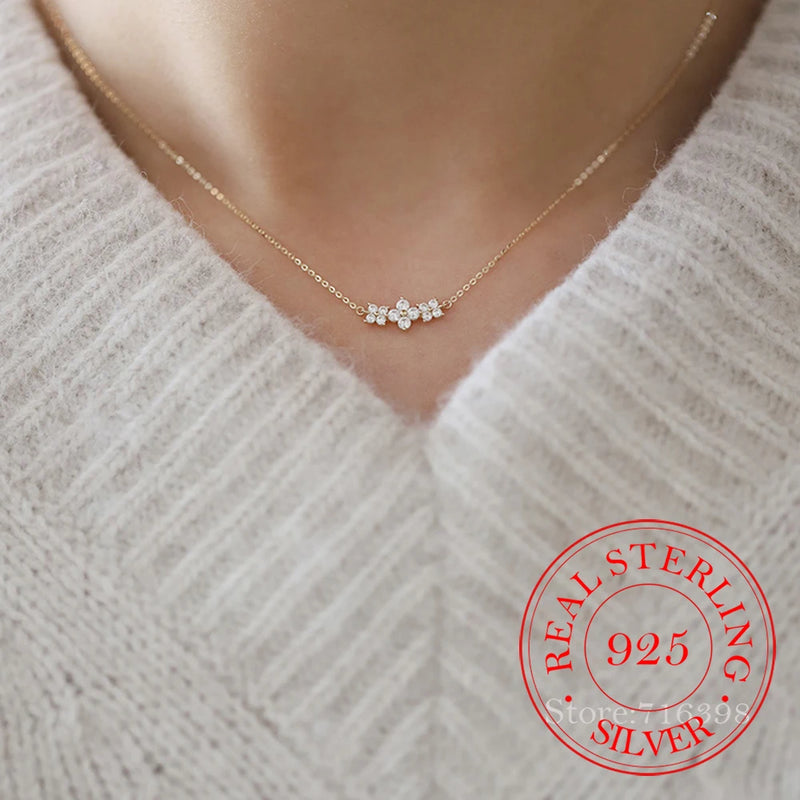 925 Silver Crystal Flower Choker Necklace Pendant 14K Plated for Women