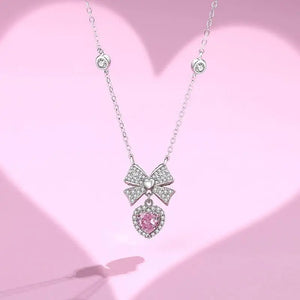 925 Silver Pink Zircon Bow Heart Pendant Necklace Women
