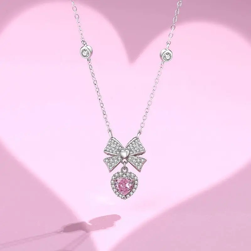 925 Silver Pink Zircon Bow Heart Pendant Necklace Women