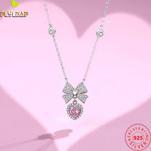 925 Silver Pink Zircon Bow Heart Pendant Necklace Women