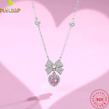 925 Silver Pink Zircon Bow Heart Pendant Necklace Women