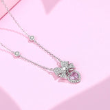 925 Silver Pink Zircon Bow Heart Pendant Necklace Women