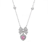 925 Silver Pink Zircon Bow Heart Pendant Necklace Women