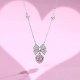 925 Silver Pink Zircon Bow Heart Pendant Necklace Women