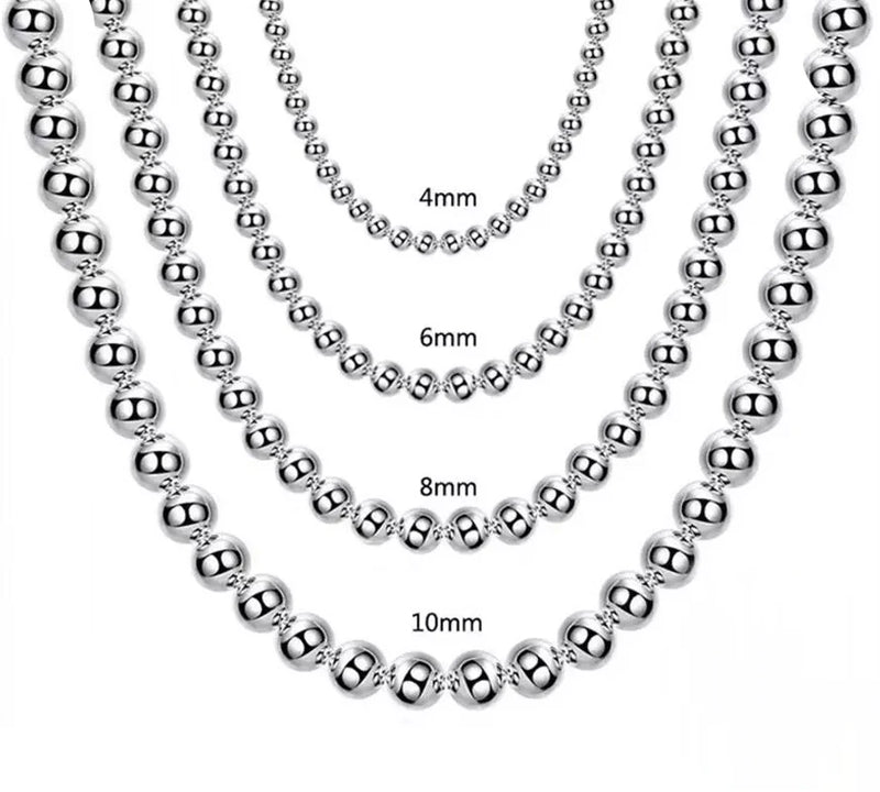 925 Silver Smooth Beads Necklace Chain 4MM-10MM