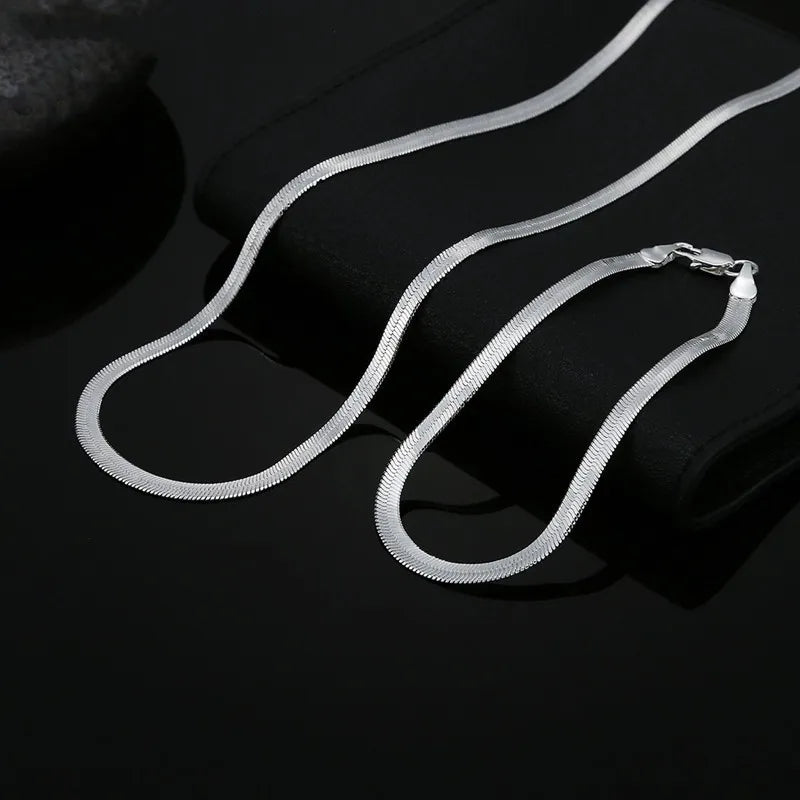 925 Sterling Silver 4MM Flat Chain Bracelets Necklace Set