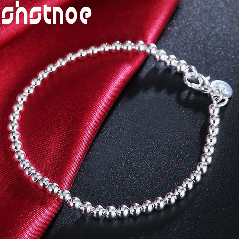 925 Silver 4mm Beads Chain Bracelet For Women Party Wedding