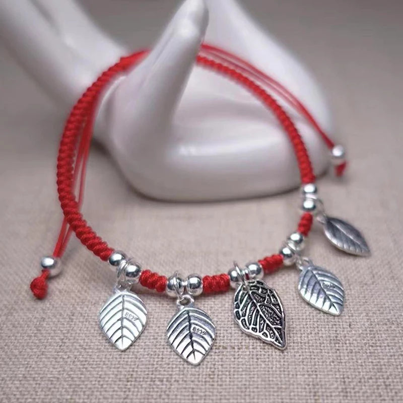 925 Silver Red Thread Leaf Bracelet for Women Wedding Party