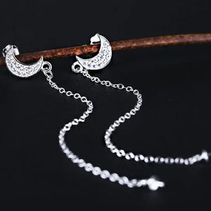 925 Silver Pearl & Round Bead Moon Chandelier Drop Earrings