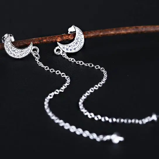 925 Silver Pearl & Round Bead Moon Chandelier Drop Earrings