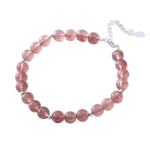 925 Silver Strawberry Quartz Pink Crystal Beaded Bracelet