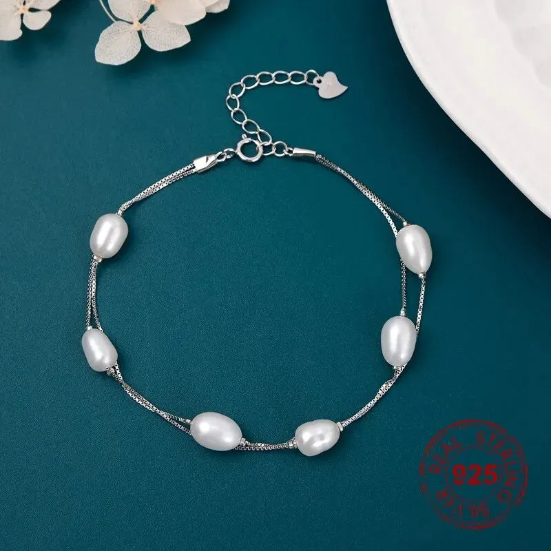 925 Silver Pearl Bracelet Women Double Box Chain Bangle