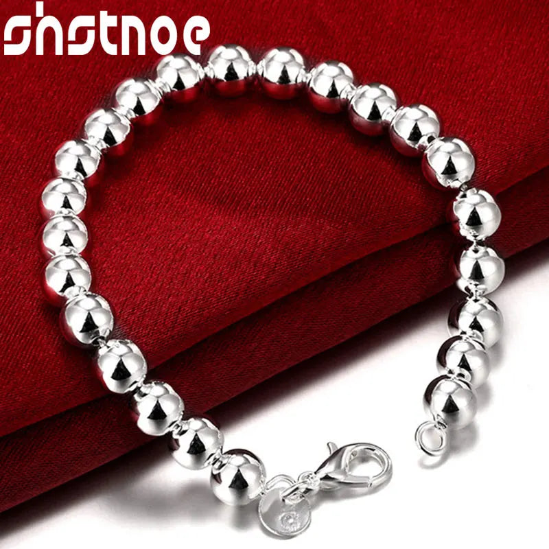 925 Sterling Silver 8mm Hollow Ball Beads Bracelet Wedding Jewelry