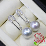 925 Silver CZ Pearl Paper Clip Dangle Earrings Wedding Gift