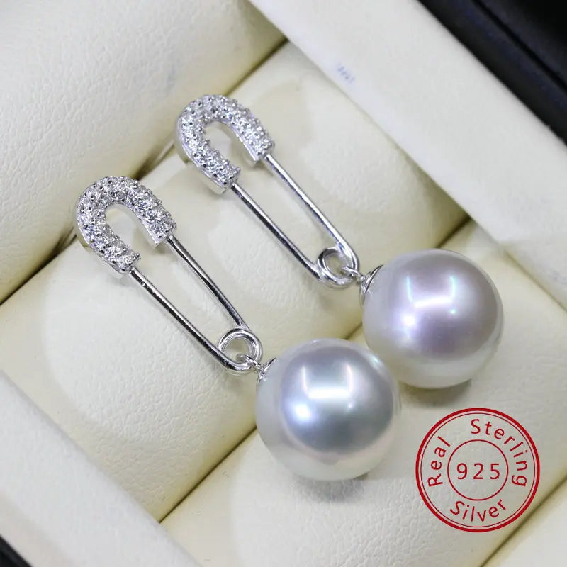 925 Silver CZ Pearl Paper Clip Dangle Earrings Wedding Gift
