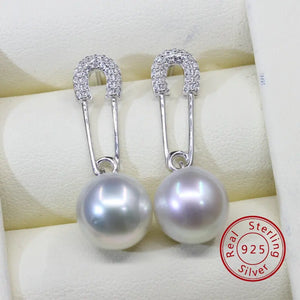 925 Silver CZ Pearl Paper Clip Dangle Earrings Wedding Gift