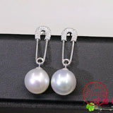 925 Silver CZ Pearl Paper Clip Dangle Earrings Wedding Gift