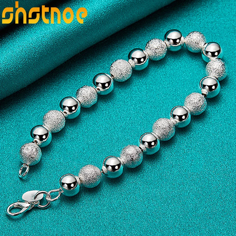 925 Silver 8mm Bead Chain Bracelet for Women - Matte Finish