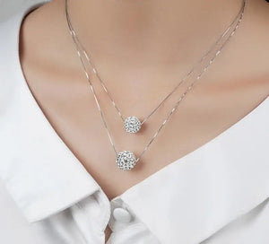 925 Silver Crystal Ball Choker Double Layer Necklace for Women