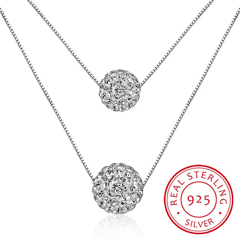 925 Silver Crystal Ball Choker Double Layer Necklace for Women