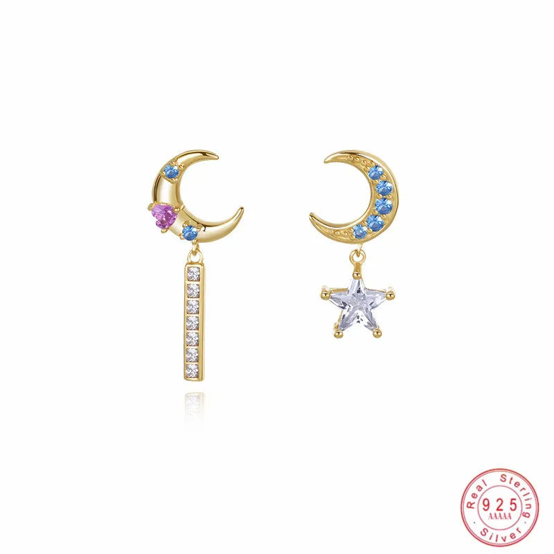 925 Sterling Silver Colored Zircon Star Moon Asymmetric Stud Earrings