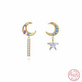 925 Sterling Silver Colored Zircon Star Moon Asymmetric Stud Earrings