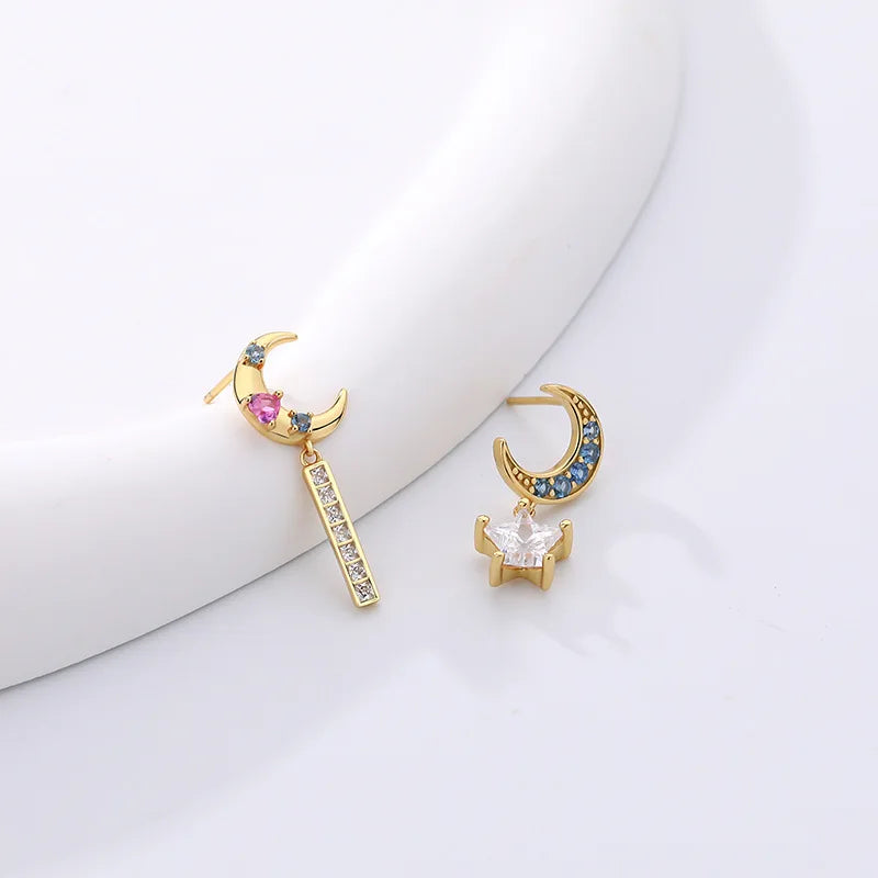 925 Sterling Silver Colored Zircon Star Moon Asymmetric Stud Earrings