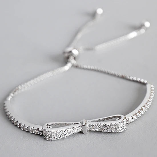 925 Silver Zircon Bowknot Bracelet Adjustable for Women