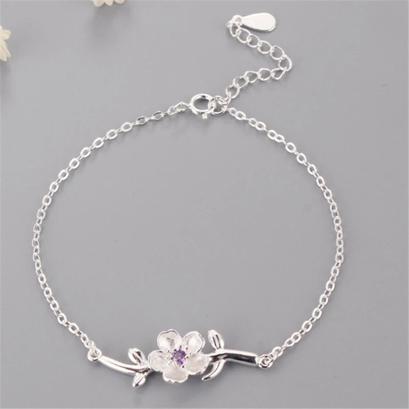 925 Silver Adjustable Flower Charm Bracelet Bangle for Women