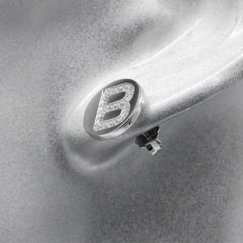 925 Silver Letter B Stud Earrings with Clear CZ for Women