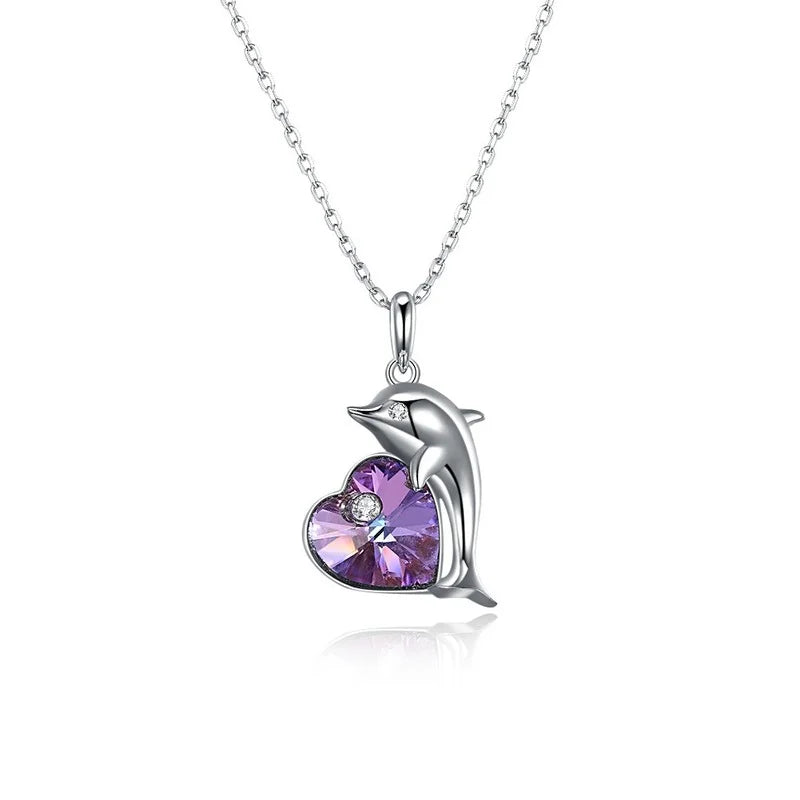 925 Silver Amethyst Dolphins Pendant Necklace Romantic Heart Animal Jewelry