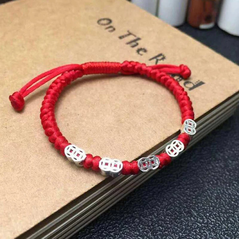 925 Silver Coins Bracelet Red Thread Bangle