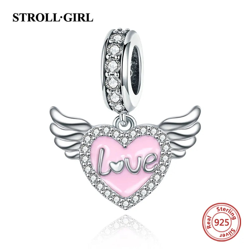 925 Silver Angel Wings Pink Heart Pendant Beads for Bracelet