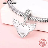 925 Silver Angel Wings Pink Heart Pendant Beads for Bracelet