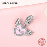 925 Silver Angel Wings Pink Heart Pendant Beads for Bracelet