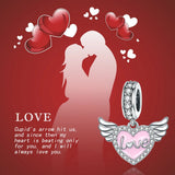 925 Silver Angel Wings Pink Heart Pendant Beads for Bracelet