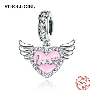925 Silver Angel Wings Pink Heart Pendant Beads for Bracelet
