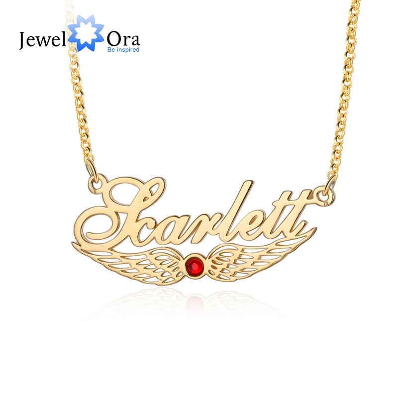 925 Silver Angel Wings Name Necklace Personalized Nameplate Pendant Birthstone