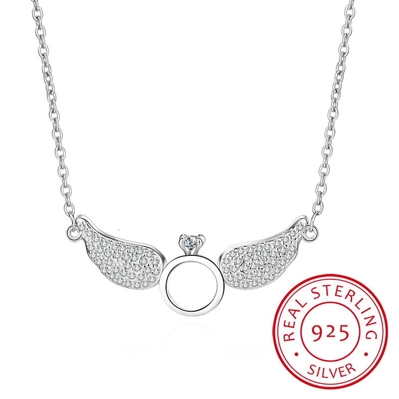 925 Sterling Silver Angel Wings Pendant Necklace With Cubic Zirconia Circle