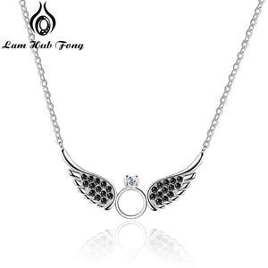 925 Silver Angel Wings Pendant Necklace w/ CZ Circle Women Chain Necklace