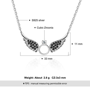 925 Silver Angel Wings Pendant Necklace w/ CZ Circle Women Chain Necklace
