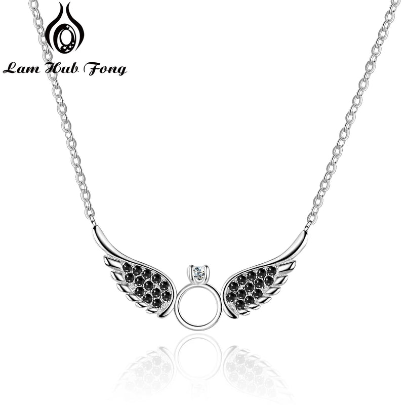 925 Silver Angel Wings Pendant Necklace w/ CZ Circle Women Chain Necklace